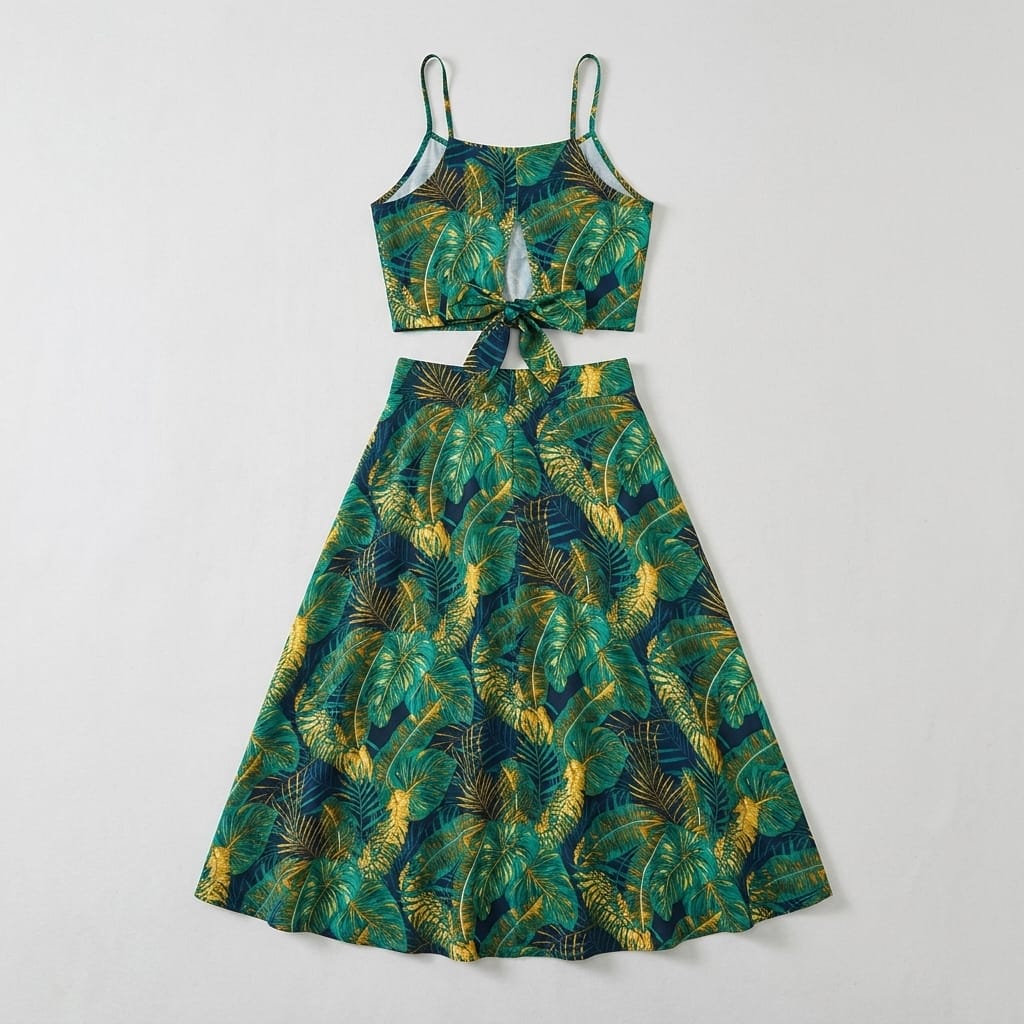 Leaf Print Vacation Skirt Set – Cami Top &amp; Split Skirt - S image